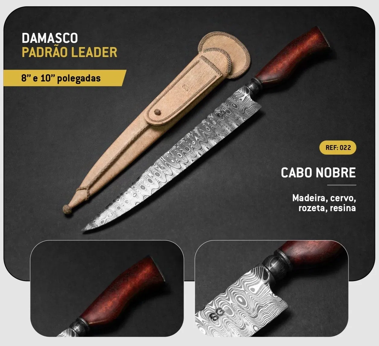 Faca 10” em Aço Damasco ou Conjunto de Talheres 12 pcs com Cabo em Chifre de Cervo.