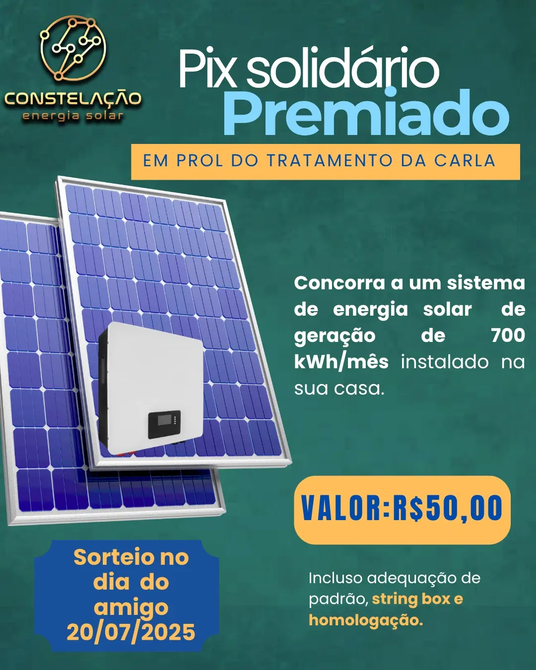 PIX SOLIDÁRIO CARLA - SISTEMA DE ENERGIA SOLAR DE 700 KWH