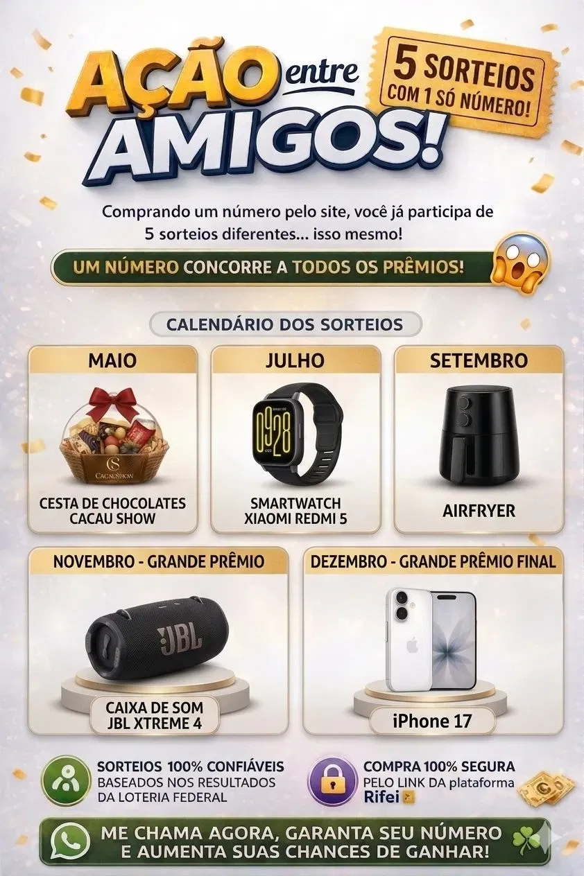 MEGA SORTEIO 5 PRÊMIOS: iPhone 17 + JBL Xtreme 4  + Smartwatch Redmi 5– Sua Chance é Agora!